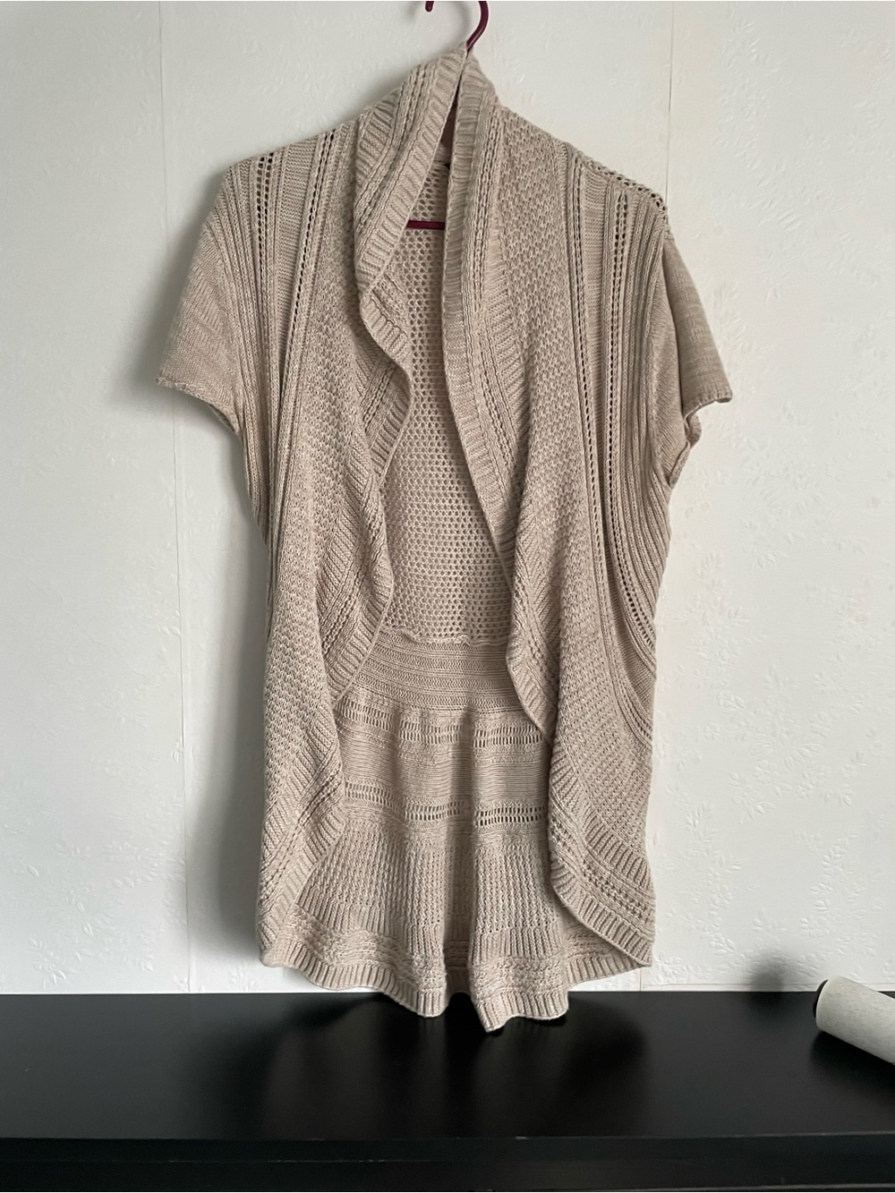 🎁 3/$30 Denver Hayes Beige Open-Front Knit Short Sleeve Sweater Cardigan